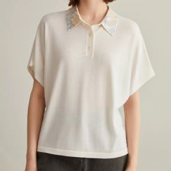 Luxury Womens Merino Wool Pullover Sequin Polo Shirt