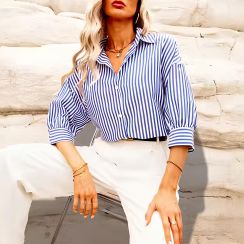 4 Pcs Summer Fashionable Women Striped Printed Turndown Collar Shirt