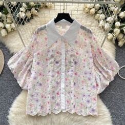 3 Pcs Floral Embroidery Women Summer Lantern Sleeve Blouse