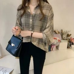 4 Pcs Thin Summer Plaid Puff Long Sleeve Lapel Casual Shirt