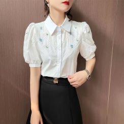2 Pcs Turn Down Collar Women Short Sleeve Embroidered Shirt