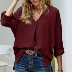 4 Pcs Solid Chiffon Womens Elegant Summer V Neck Long Sleeved Casual Blouse