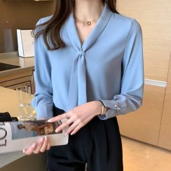 4 Pcs V Neck Office Lady Long Sleeve Plain Dyed Chiffon Blouse