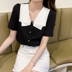 5 Pcs Women Black Short Sleeve V Neck Sweet Style Blouse