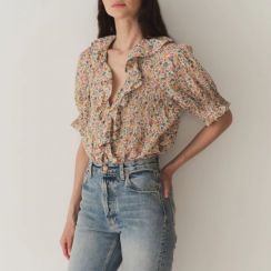 10 Pcs Lady Floral Printed Button Split Neck Puff Sleeve Blouse