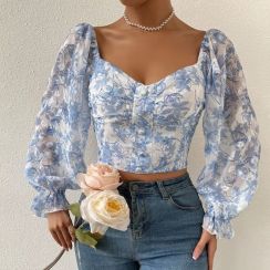 10 Pcs Ladies Vintage Floral Print Long Puff Sleeve Blouse