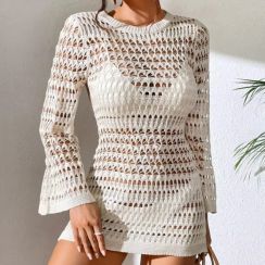 3 Pcs Summer Solid Long Sleeved Knitted Backless Beach Cover Up